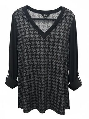 Black Houndstooth V-Neck Roll-Tab Sleeve Blouse